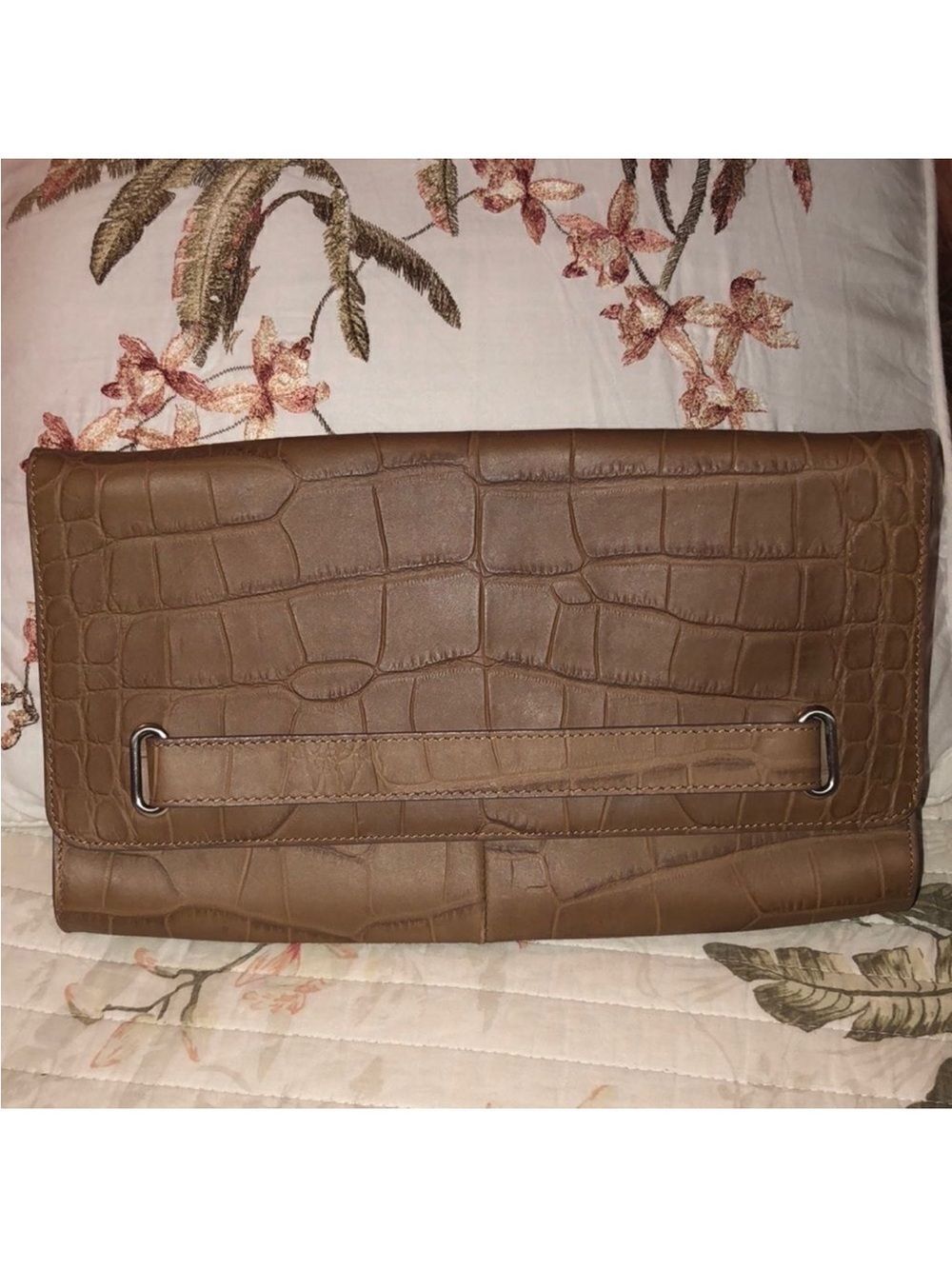 Halogen Tan Leather Croc Print Envelope Clutch